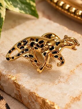 Vintage Jackie Collins Leopard Pin Pendant Gold Tone Black Enamel Couture